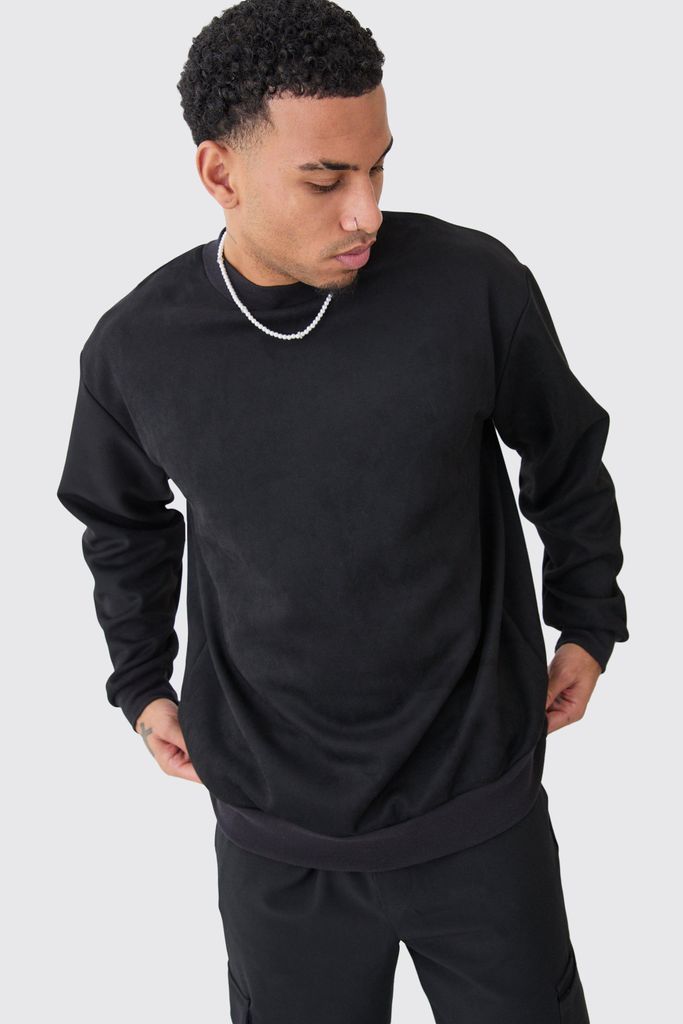 Men's Oversized Extended Neck Faux Suede Sweatshirt - Black - S, Black