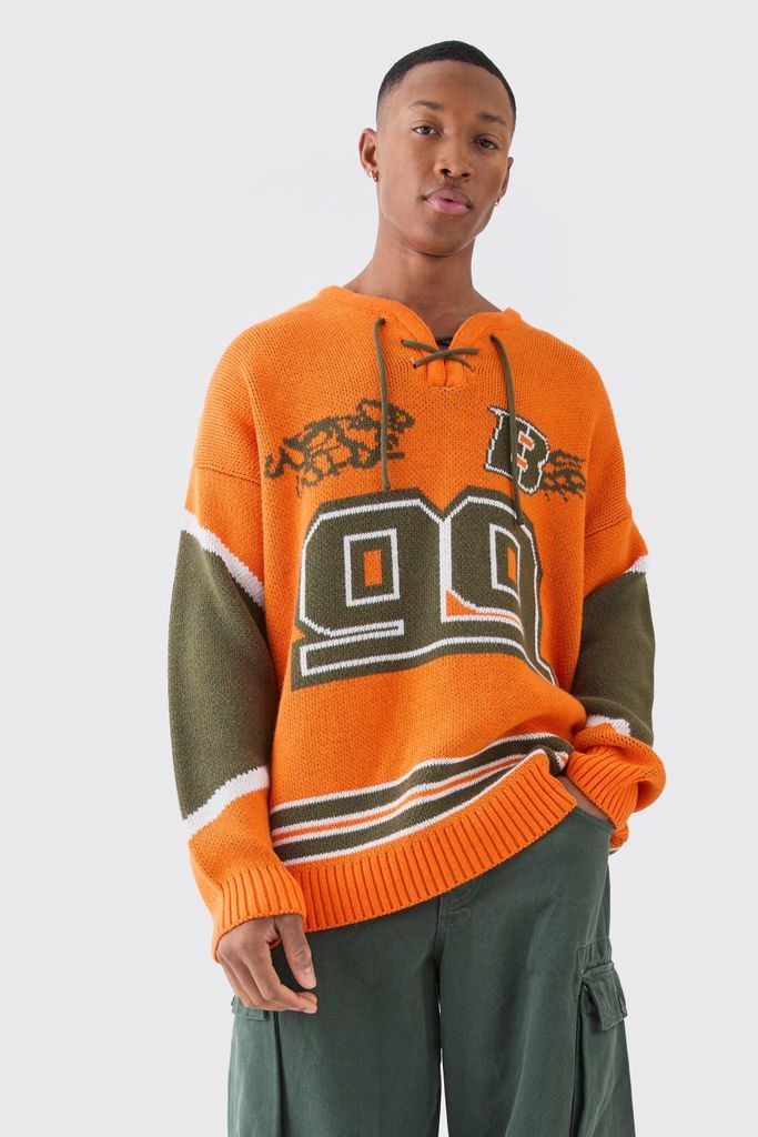 Men's Oversized Lace Up Hockey Jumper - Orange - S, Orange