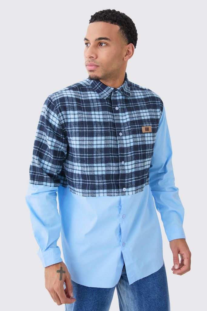Men's Oversized Twill Spliced Check Overshirt - Blue - S, Blue