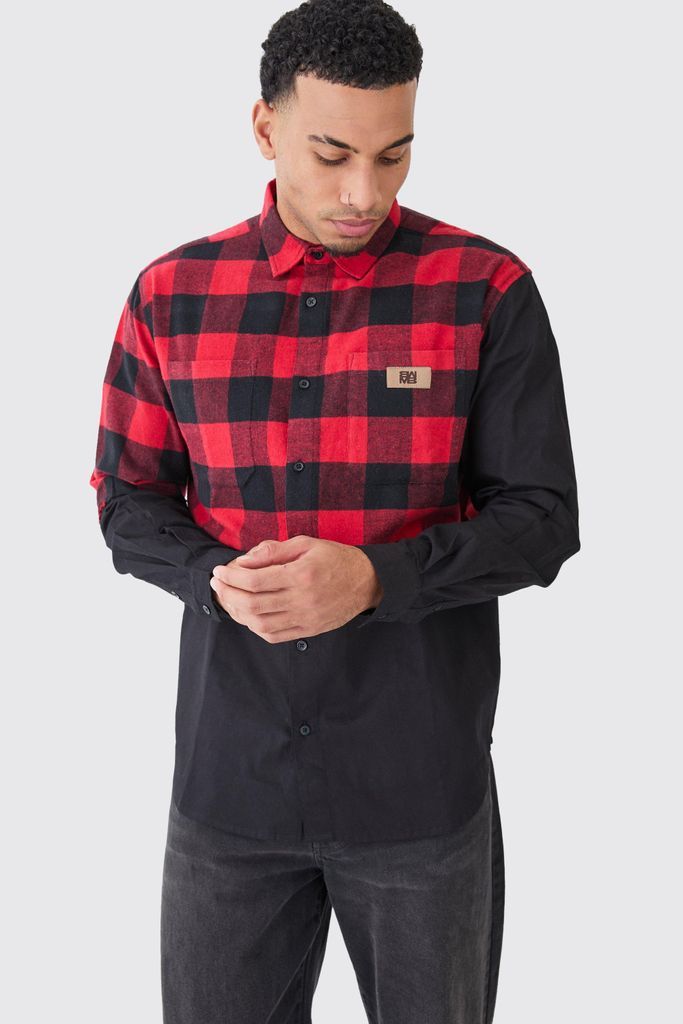Men's Oversized Twill Spliced Check Overshirt - Red - S, Red