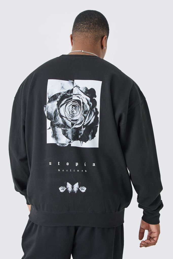 Men's Plus Oversized Floral Back Graphic Sweatshirt - Black - Xxxl, Black