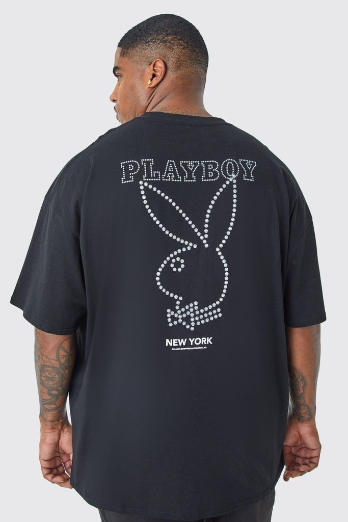 Men's Plus Playboy Rhinestone License T-Shirt - Black - Xxxl, Black