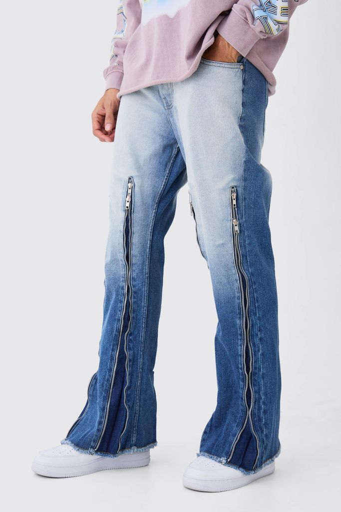 Men's Relaxed Rigid Flare Multi Zip Gusset Jeans In Light Blue - 28R, Blue