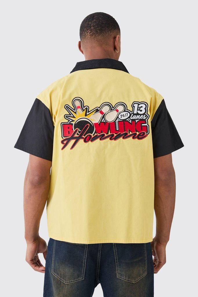 Men's Short Sleeve Boxy Poplin Bowling Homme Shirt - Yellow - S, Yellow