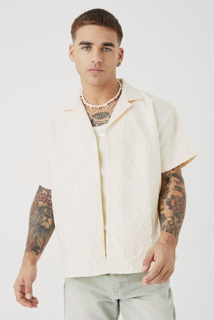 Men's Short Sleeve Boxy Tonal Texture Shirt - White - S, White