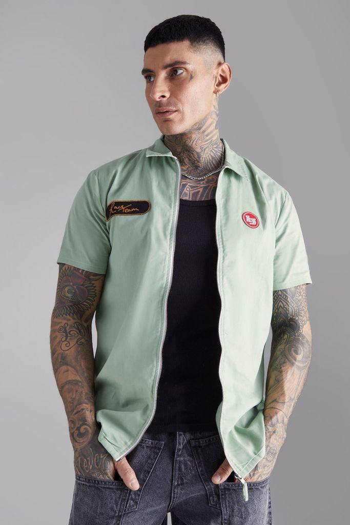 Men's Tall Short Sleeve Twill Zip Moto Shirt - Green - S, Green