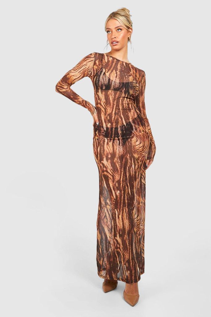 Womens Leopard Print Mesh Long Sleeve Maxi Dress - Multi - 8, Multi