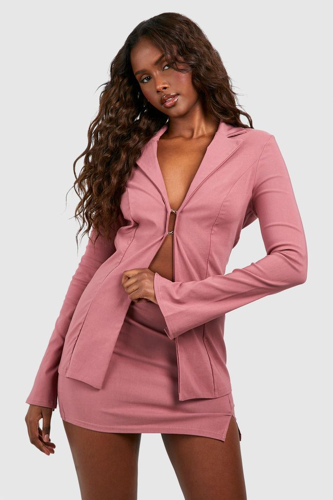 Womens Plunge Front Blazer & Split Side Mini Skirt - Pink - 6, Pink
