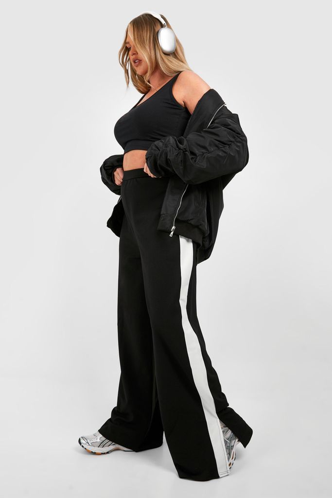 Womens Plus High Waisted Side Stripe Split Hem Trousers - Black - 16, Black