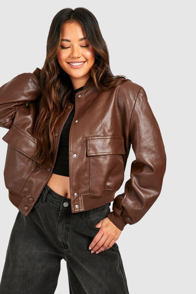 Womens Pocket Detail Faux Leather Bomber Jacket - Brown - S, Brown