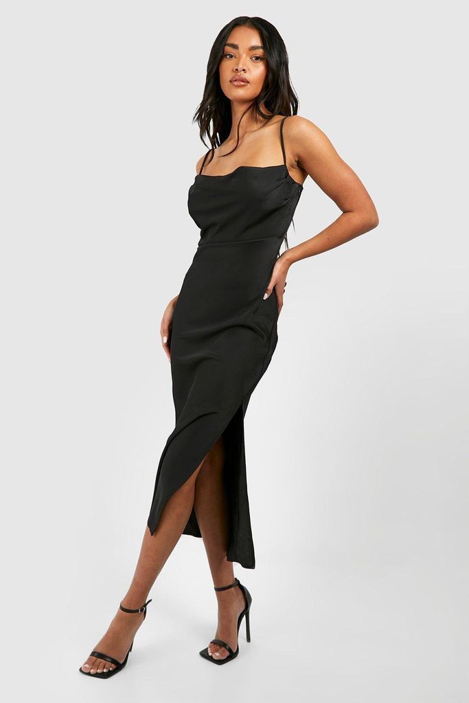Womens Satin Cowl Neck Midi Slip Dress - Black - 8, Black