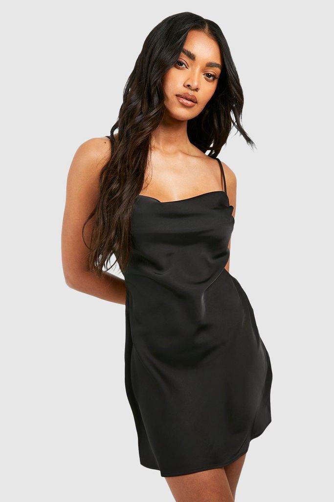 Womens Satin Cowl Neck Mini Slip Dress - Black - 8, Black