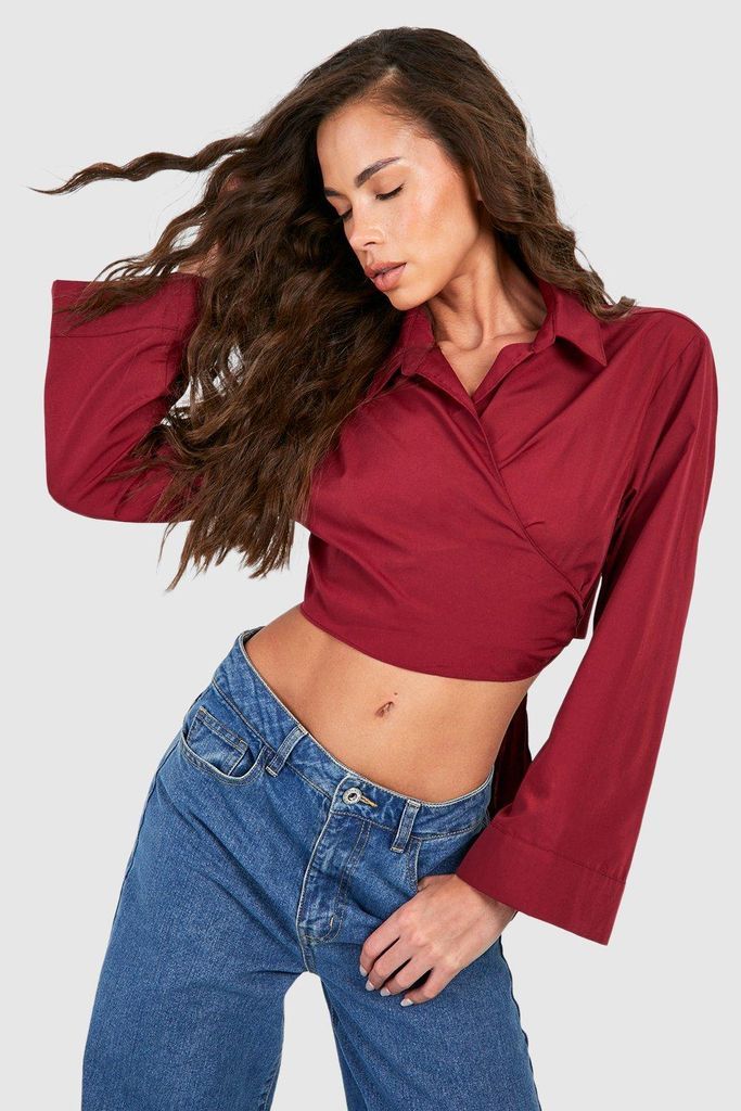 Womens Wide Sleeve Wrap Tie Cropped Shirt - Red - 6, Red