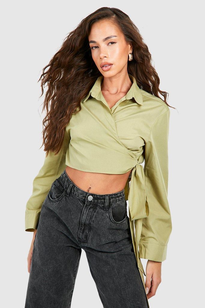 Womens Wide Sleeve Wrap Tie Cropped Shirt - Green - 6, Green