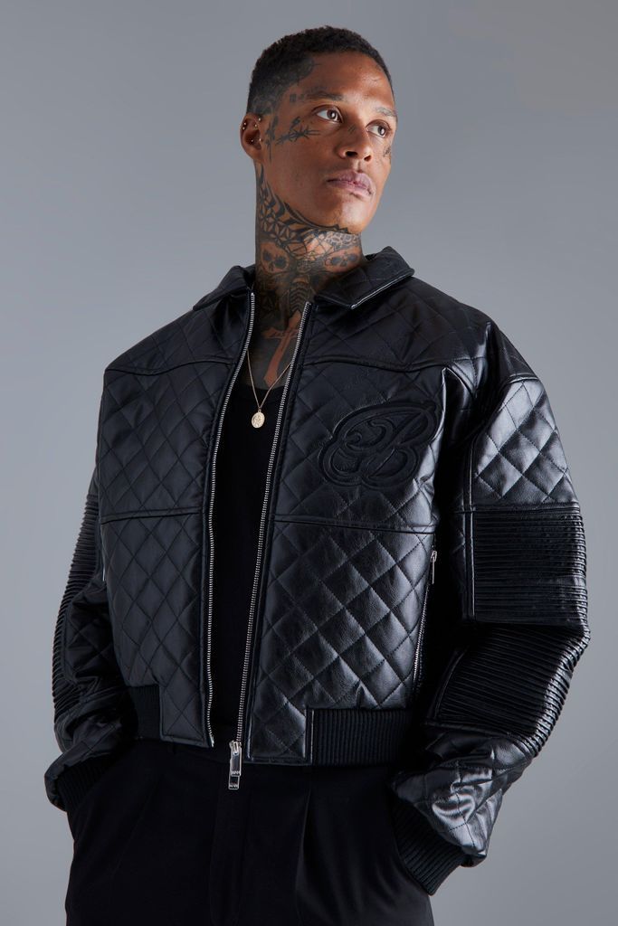 Men's Boxy Fit Pu Quilted Collared Bomber - Black - S, Black