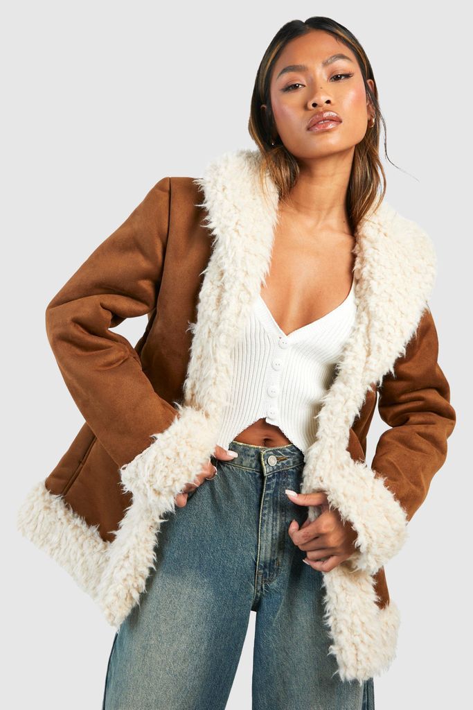 Womens Faux Fur Trim Suede Look Coat - Brown - 8, Brown