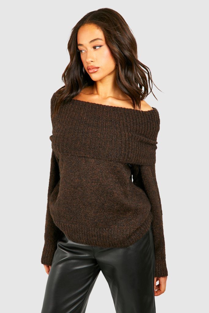 Womens Premium Soft Knit Bardot Oversized Jumper - Brown - S/M, Brown