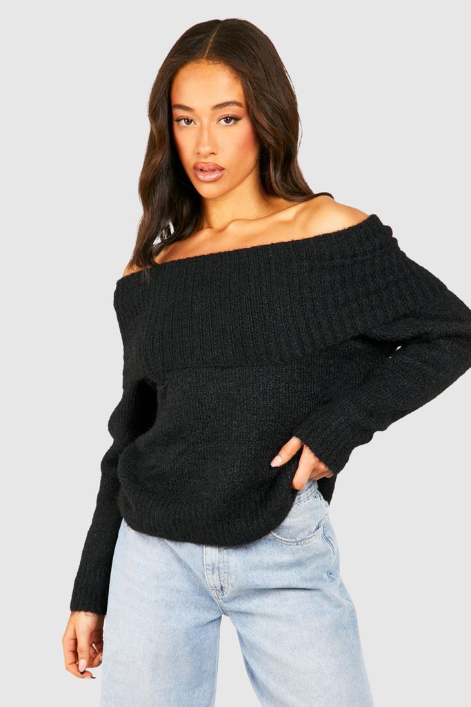 Womens Premium Soft Knit Bardot Oversized Jumper - Black - S/M, Black