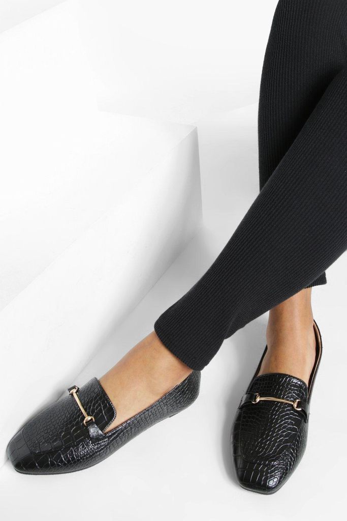 Womens Wide Fit Croc Gold Bar Loafers - Black - 4, Black