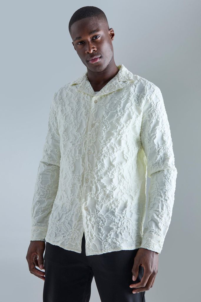 Men's Long Sleeve Floral Textured Shirt - White - S, White