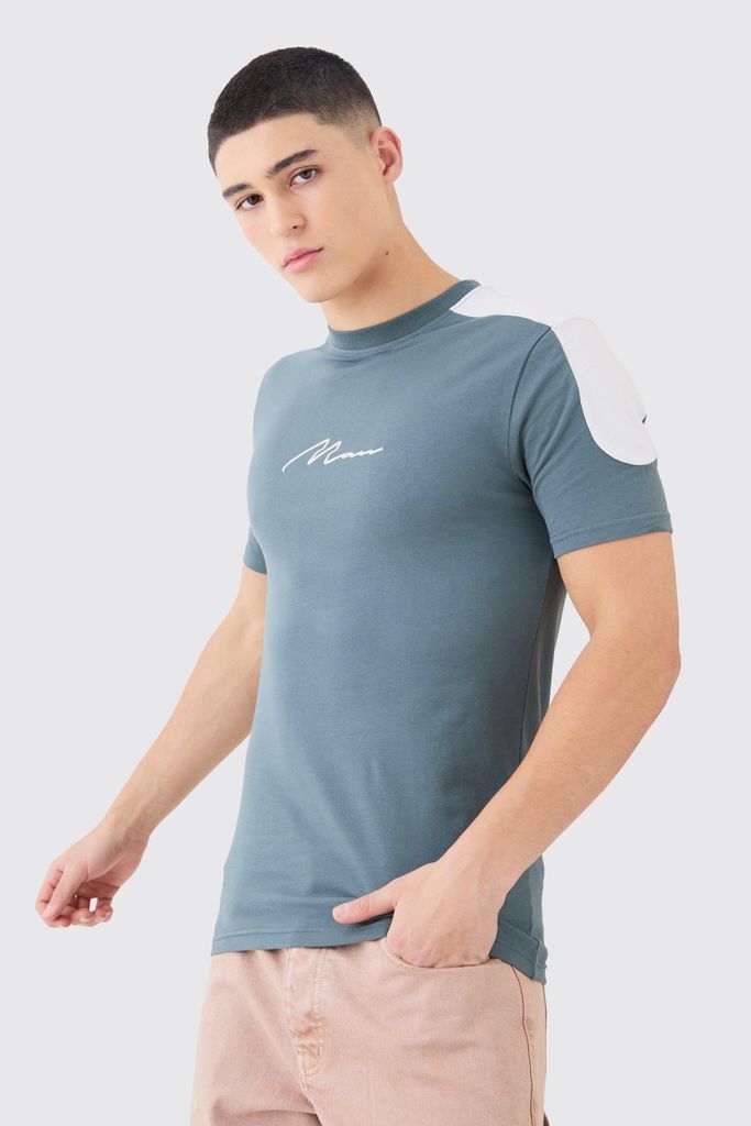Men's Muscle Fit Man Colour Block T-Shirt - Blue - S, Blue