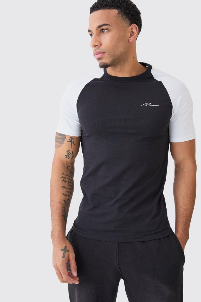 Men's Muscle Fit Man Signature Raglan T-Shirt - Black - S, Black