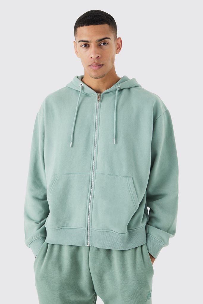 Men's Oversized Boxy Zip Through Washed Hoodie - Green - S, Green