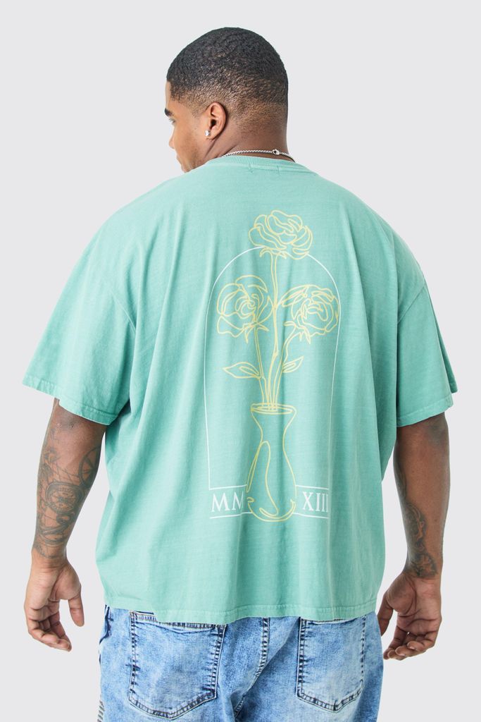 Men's Plus Oversized Overdyed Floral Stencil Graphic T-Shirt - Green - Xxxl, Green