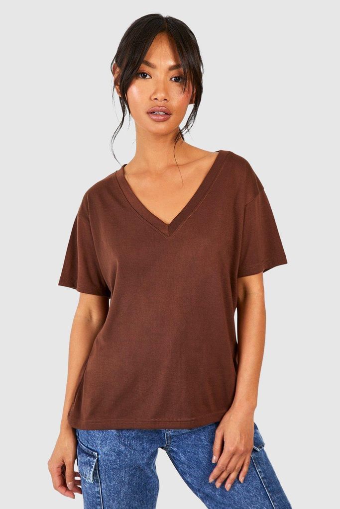 Womens Basic Cotton Deep V Neck T-Shirt - Brown - 6, Brown