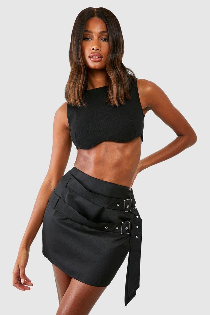 Womens Double Belted Mini Skirt - Black - 8, Black