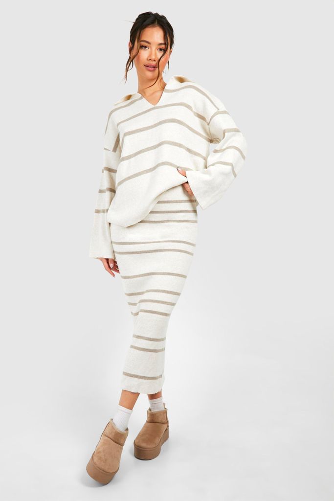 Womens Fine Gauge Stripe Collaed Jumper And Skirt Knitted Set - Beige - S/M, Beige