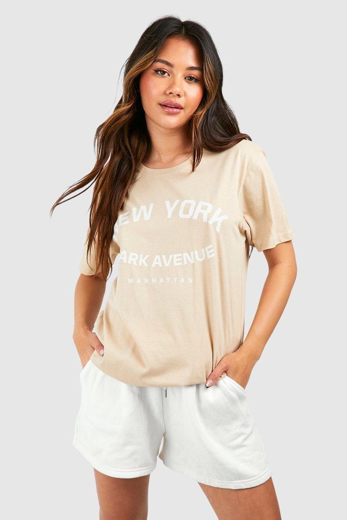 Womens New York Slogan Printed Oversized T-Shirt - Beige - S, Beige