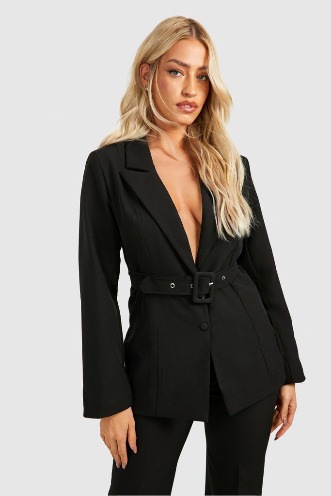 Womens Self Fabric Belted Fitted Blazer - Black - 6, Black