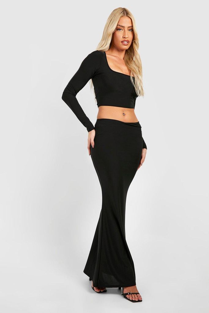 Womens Square Neck Long Sleeve Top & Mid Rise Maxi Skirt Set - Black - 6, Black