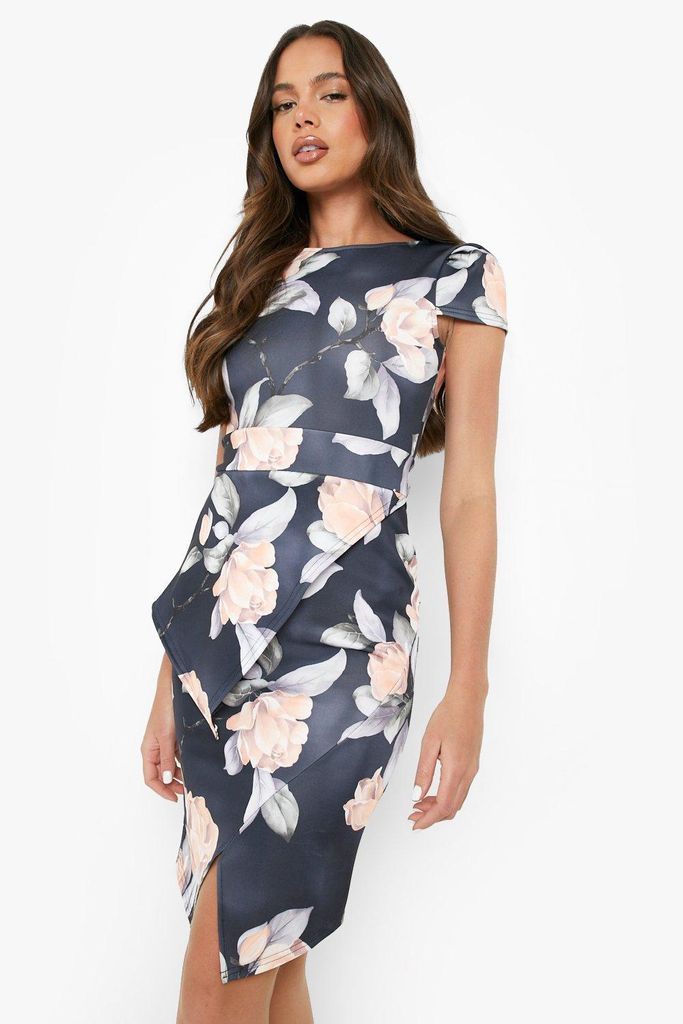 Womens Asymmetric Peplum Floral Print Midi Dress - Multi - 18, Multi