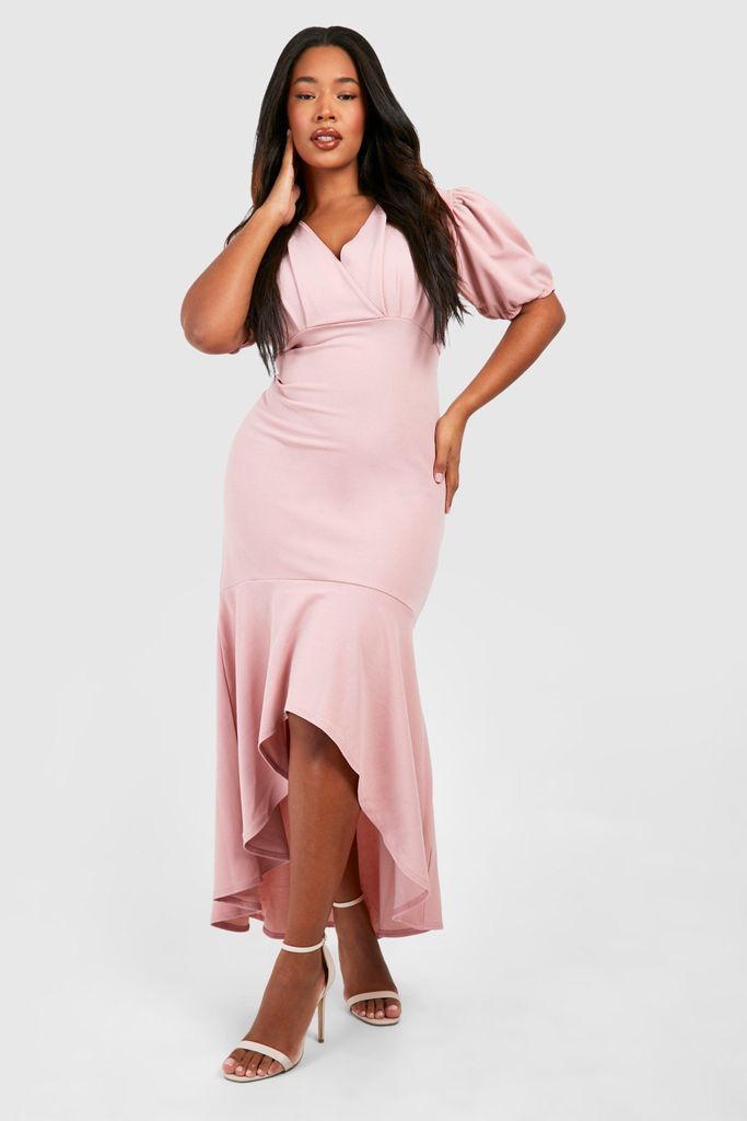Womens Plus Puff Sleeve Fishtail Maxi Dress - Pink - 16, Pink