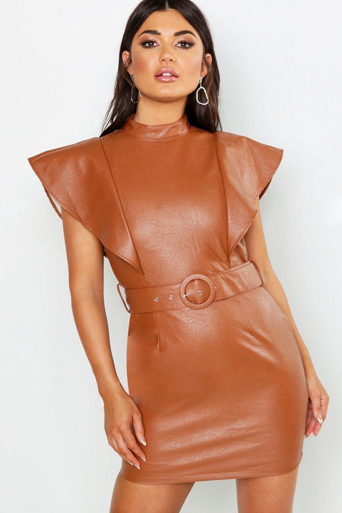 Womens Pu Belted Frill Shoulder Bodycon Dress - Brown - 8, Brown