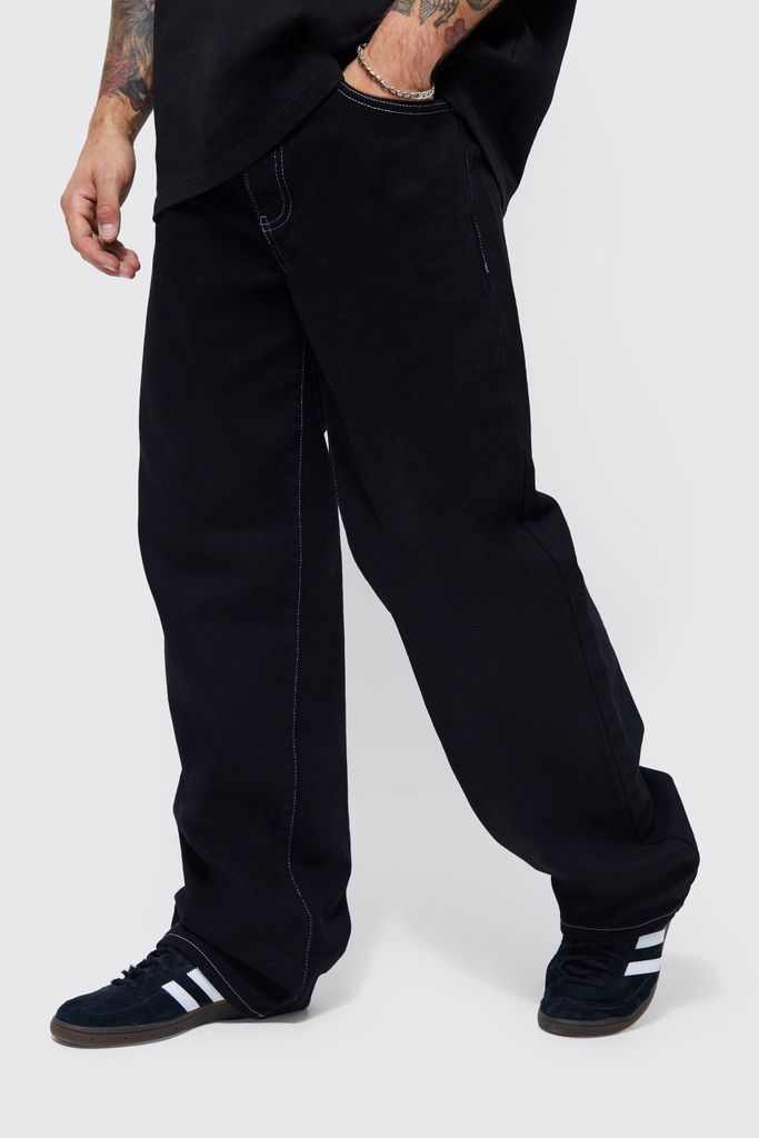 Men's Baggy Fit Contrast Stitch Jeans - Black - 28R, Black