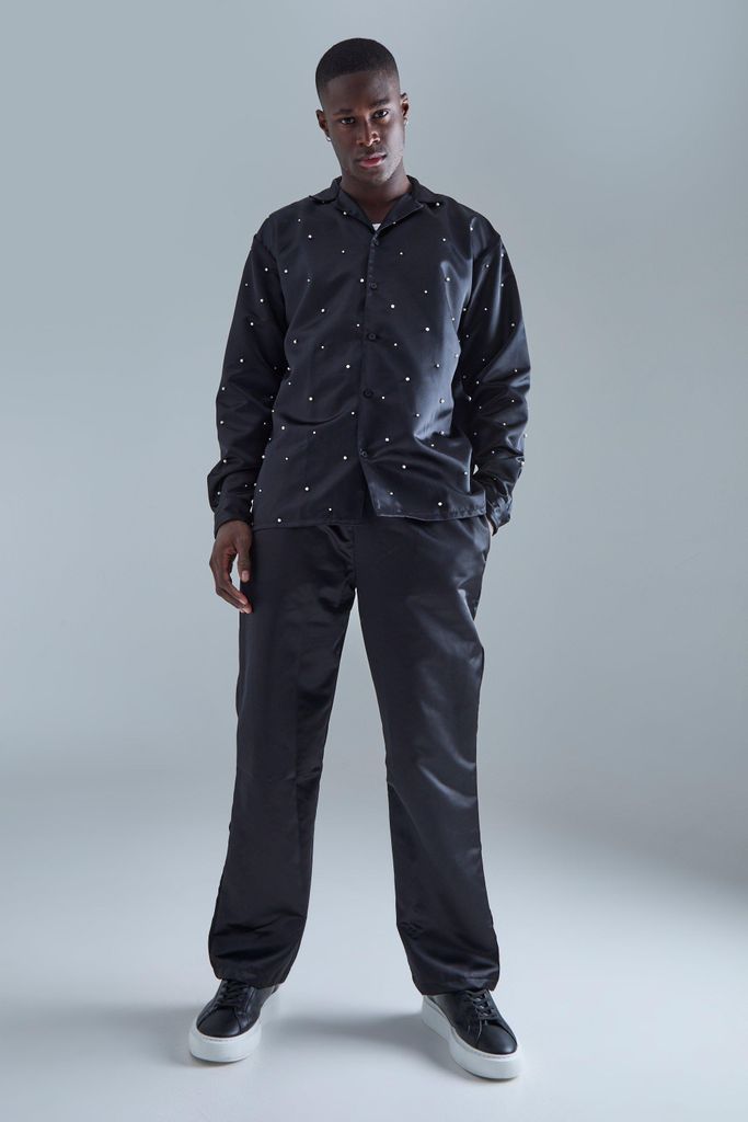 Men's Long Sleeve Embellished Satin Shirt And Trouser Set - Black - S, Black