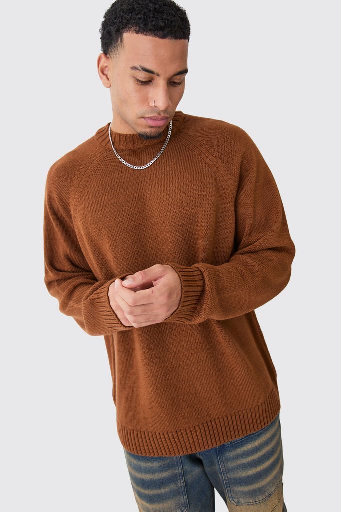 Men's Oversized Raglan Knitted Woven Label Jumper - Orange - S, Orange