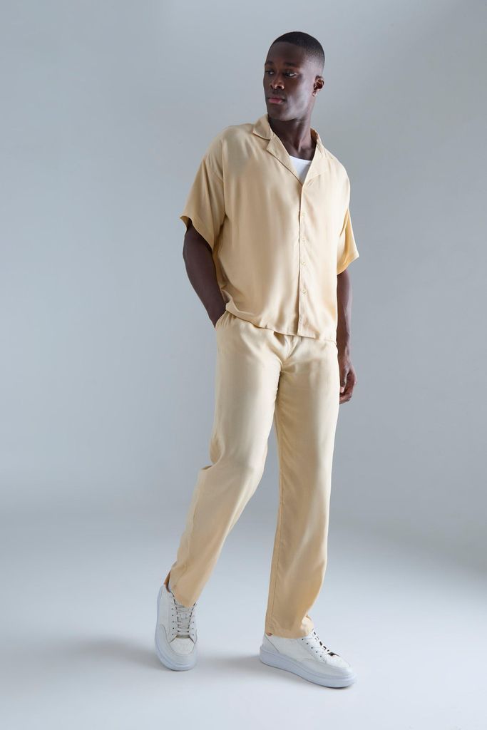 Men's Plain Viscose Boxy Shirt And Trouser - Beige - S, Beige