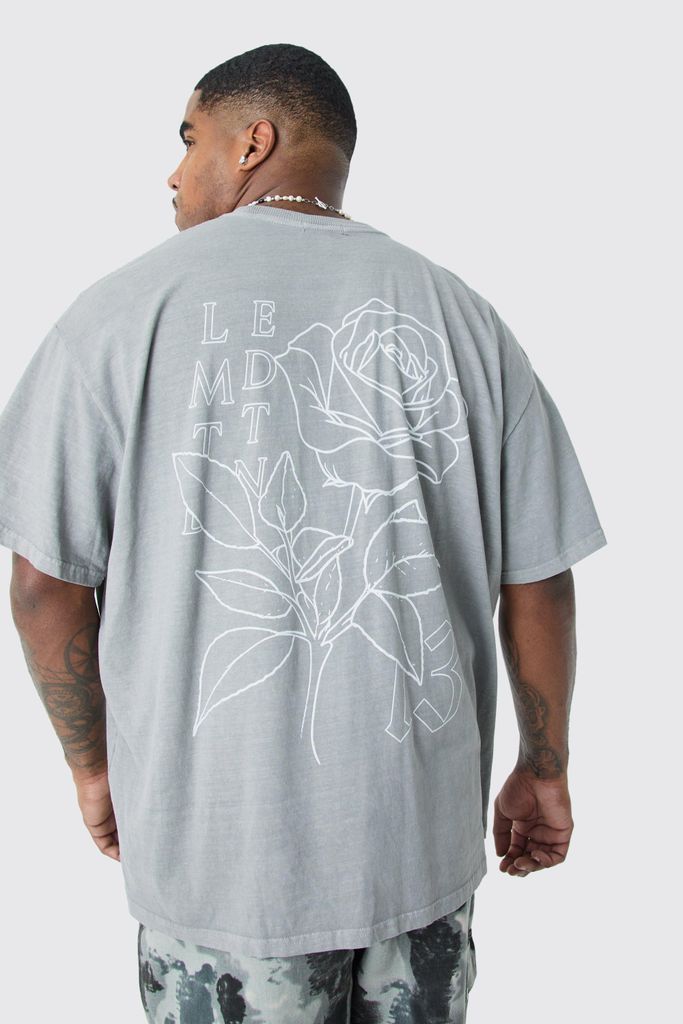 Men's Plus Oversized Overdyed Floral Stencil Graphic T-Shirt - Grey - Xxxl, Grey