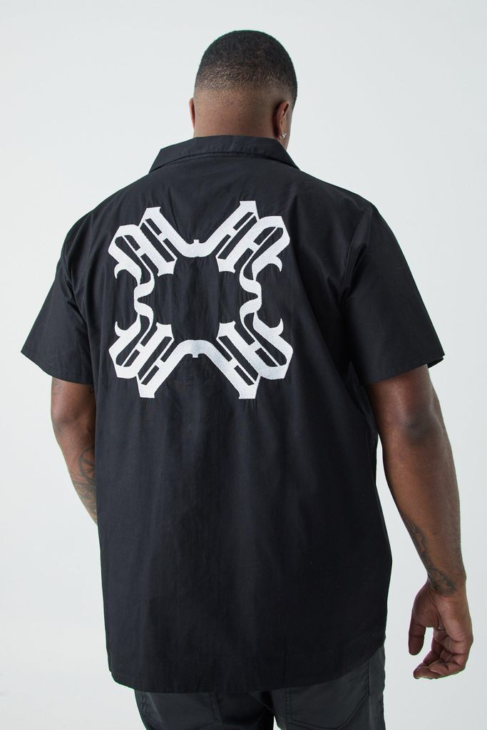 Men's Plus Short Sleeve Drop Revere Back Embroidered Shirt - Black - Xxxl, Black