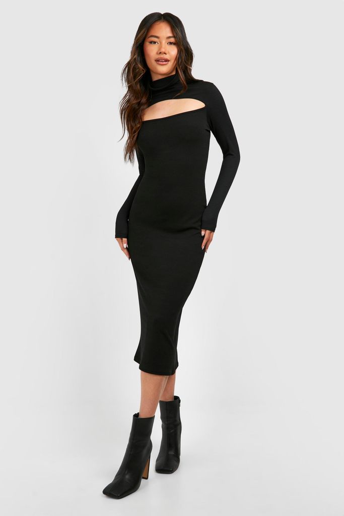 Womens Compact Rib Roll Neck Cut Out Midi Dress - Black - 8, Black
