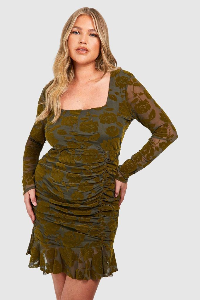 Womens Plus Devore Ruched Bodycon Dress - Green - 16, Green