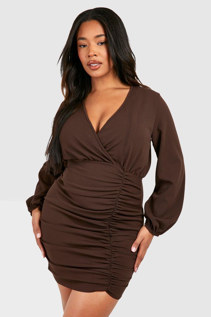 Womens Plus Wrap Ruched Bodycon Dress - Brown - 16, Brown