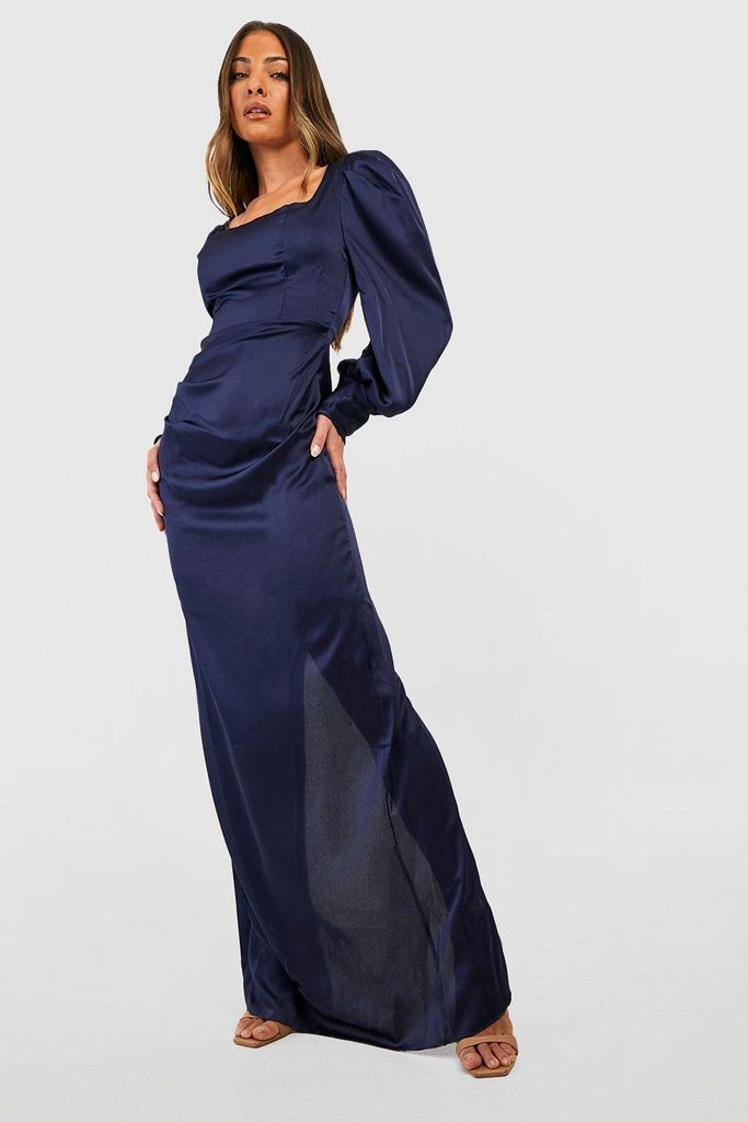 Womens Satin Blouson Sleeve Maxi Dress - Navy - 14, Navy