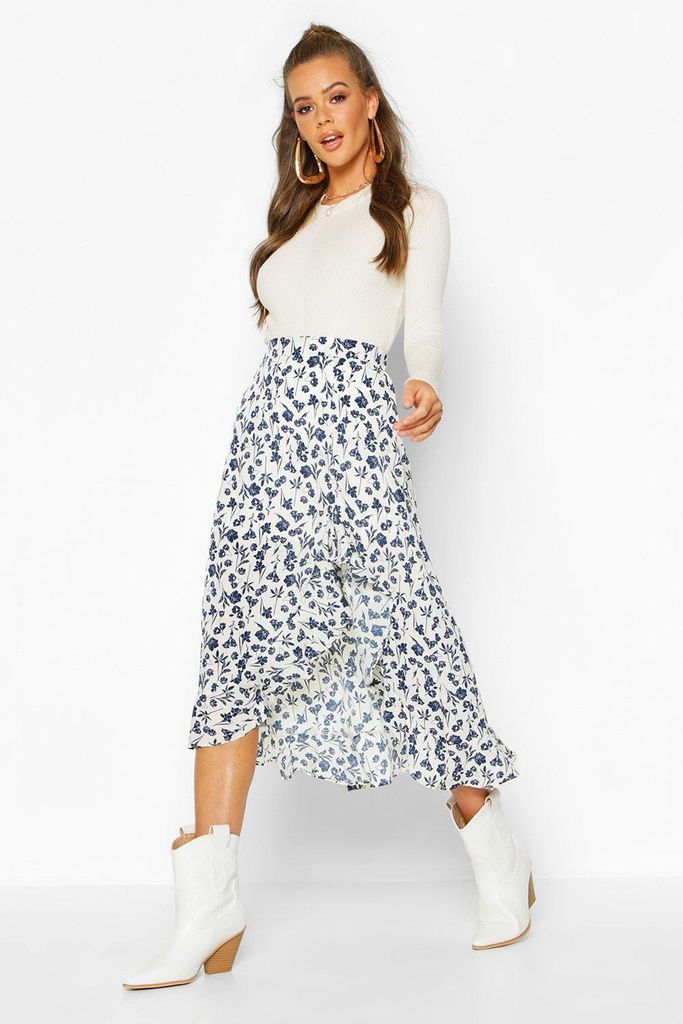 Womens Ruffle Front Floral Midi Skirt - Blue - 16, Blue