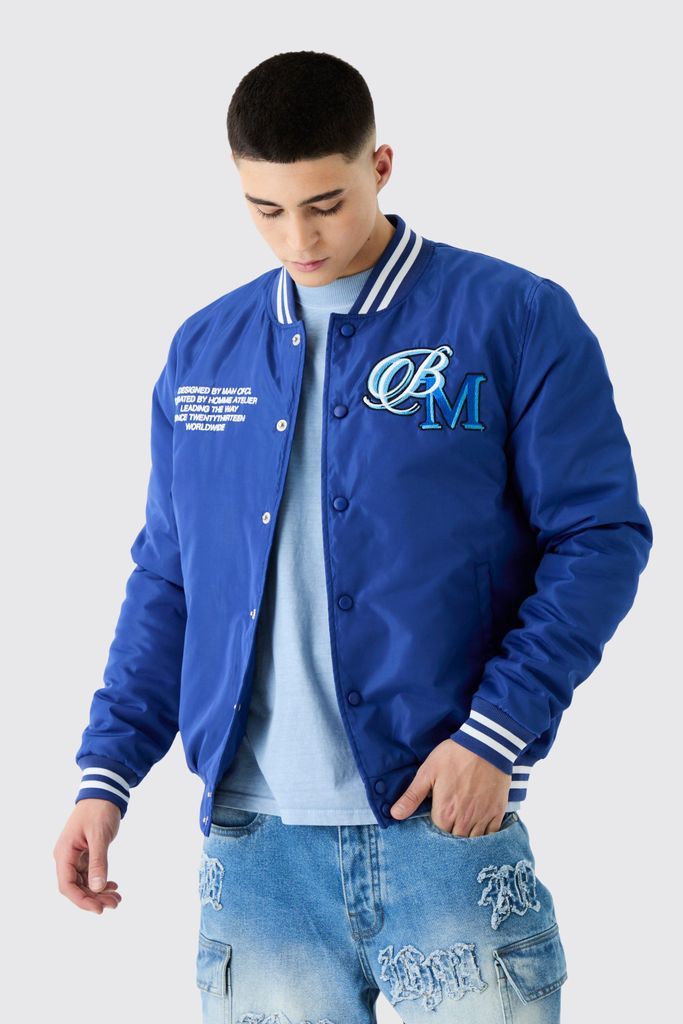 Men's Nylon Varsity Jacket With Badges - Blue - S, Blue