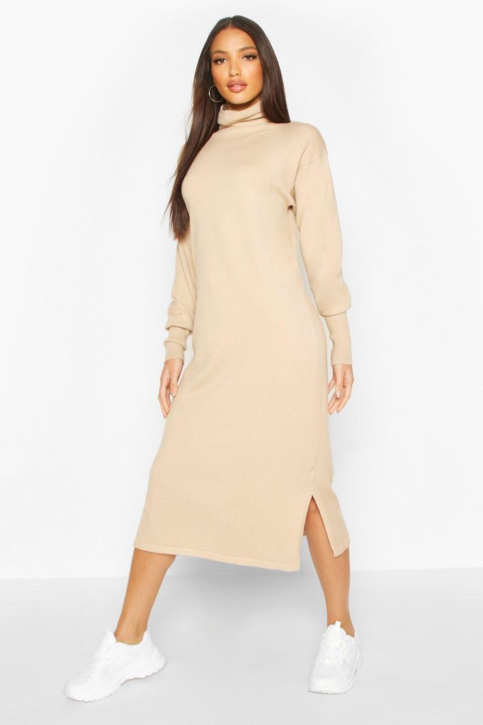 Womens Premium Knitted Roll Neck Maxi Dress - Beige - M, Beige